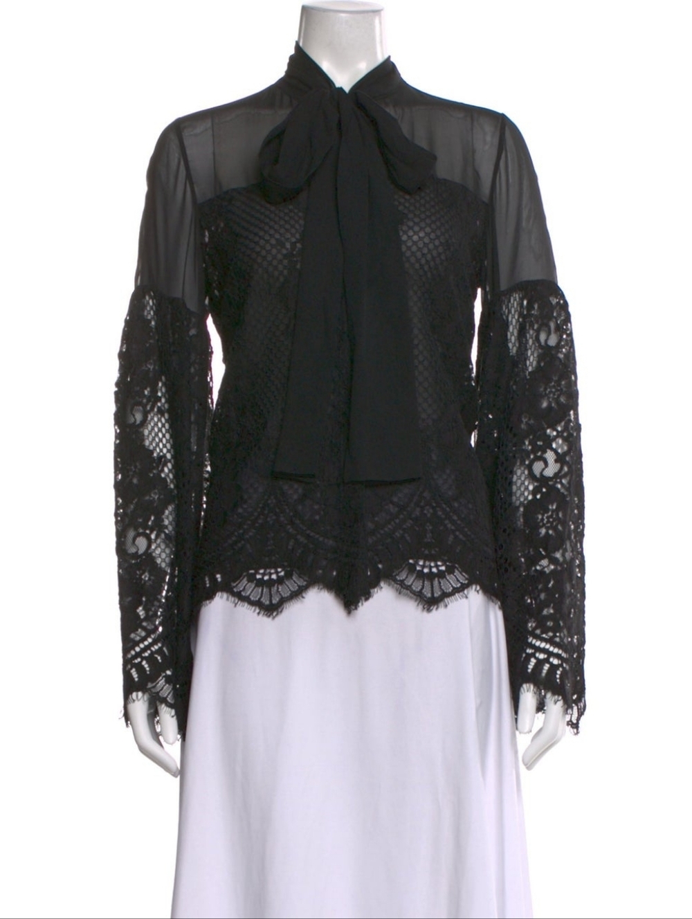 Alexis Tie Neck Black Textured Lace Blouse Small